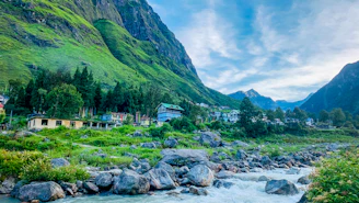 A scenic mountain village with a flowing river.