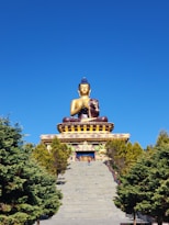 A giant golden buddha statue sits outdoors.