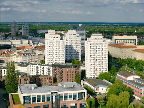 Skyscrapers and buildings fill a bustling city.