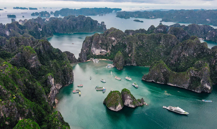 Aerial view over Halong Bay