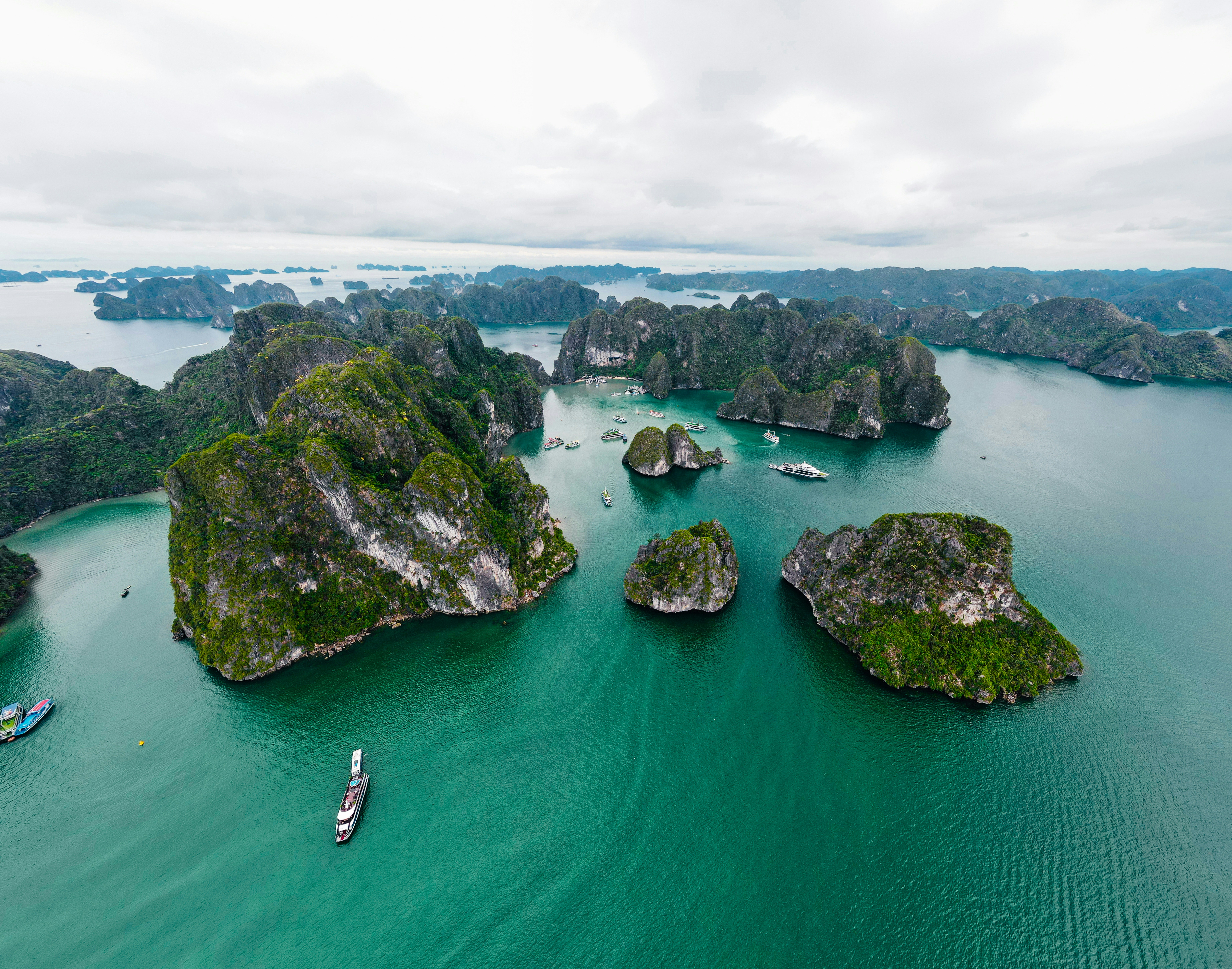 Rocky islands rise from turquoise water.