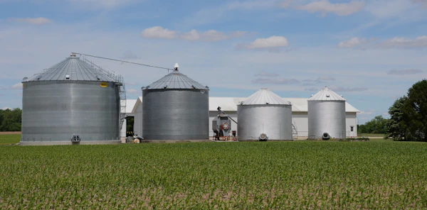 Grain storage silos on a farm