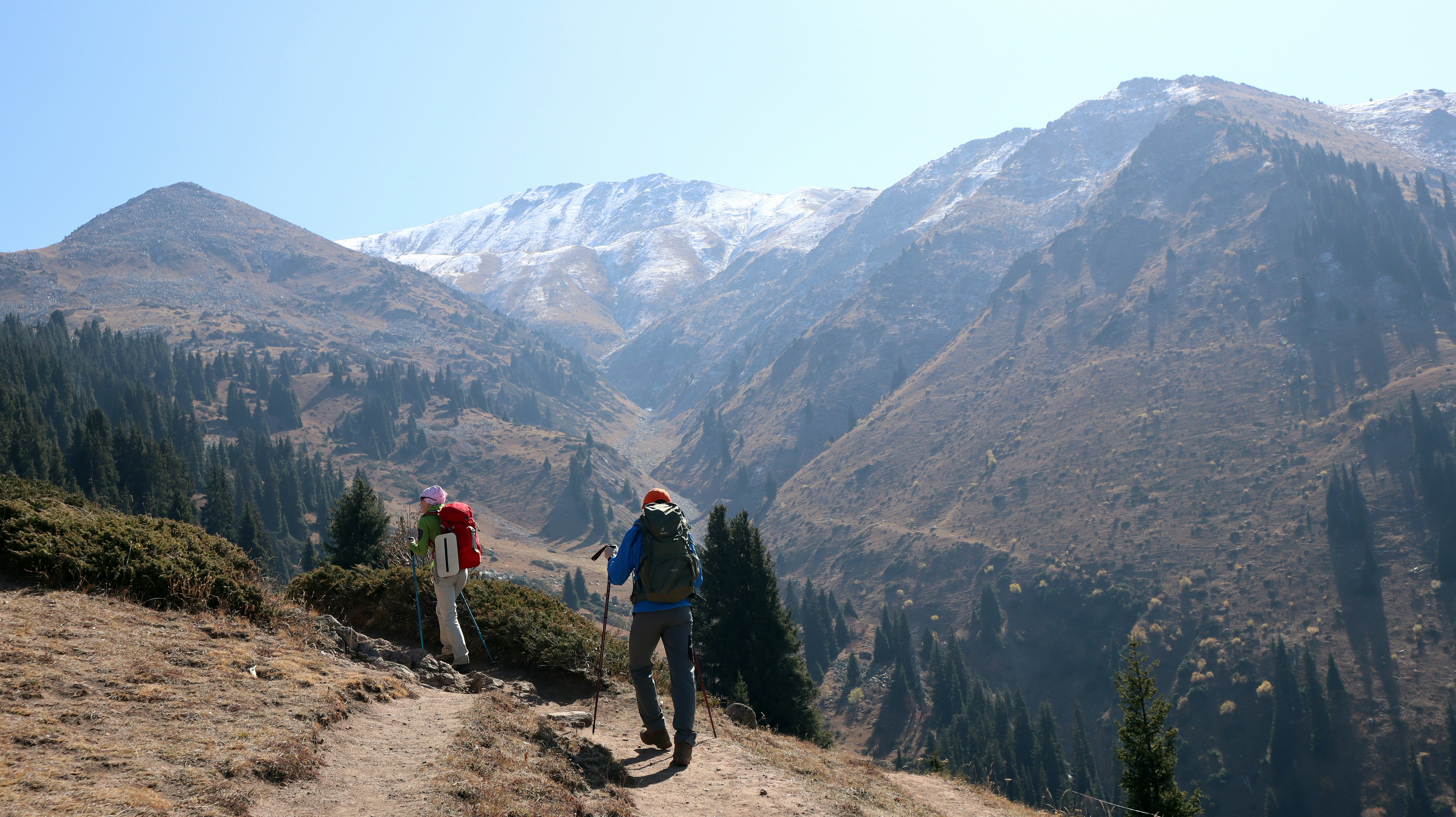 Wanderer wandern an einem sonnigen Tag auf einem Bergpfad.