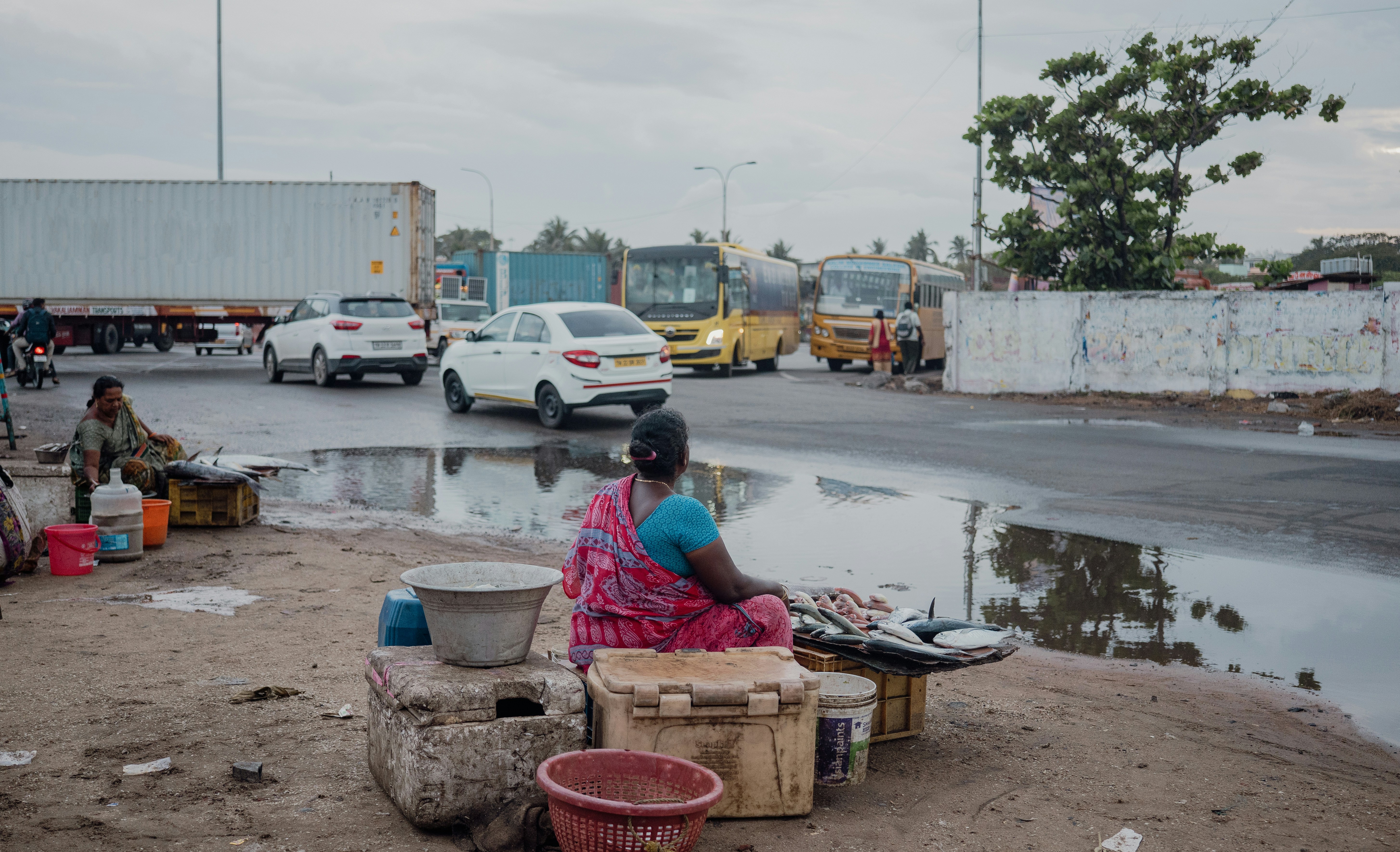 People are selling fish by the road.
