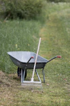 A wheelbarrow and rake are in a green garden.