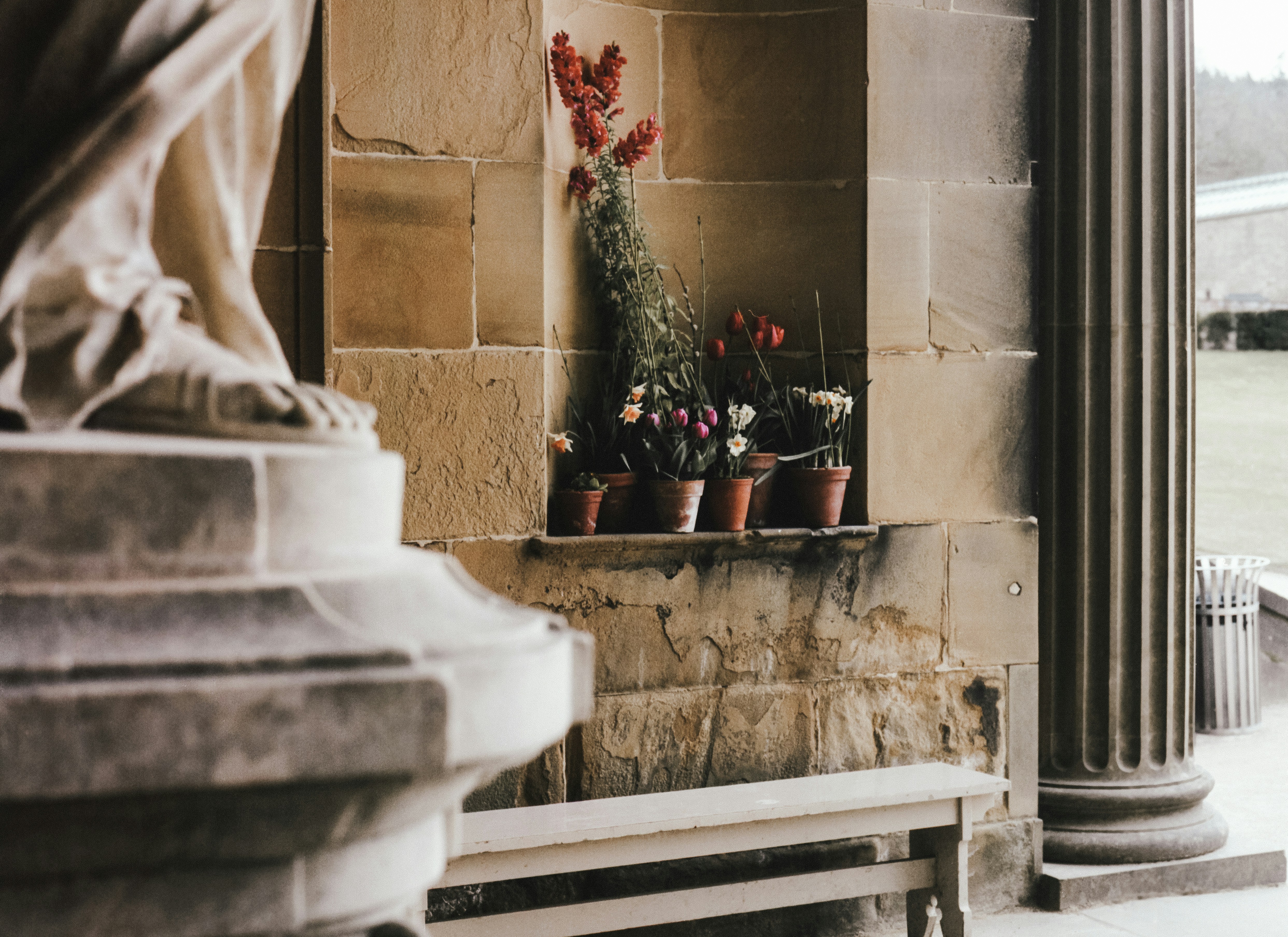 Flowers in pots sit near a stone structure.