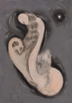 Abstract figures in muted tones against dark background