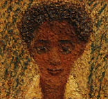 A textured portrait of a person with dark curly hair.