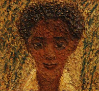 A textured portrait of a person with dark curly hair.