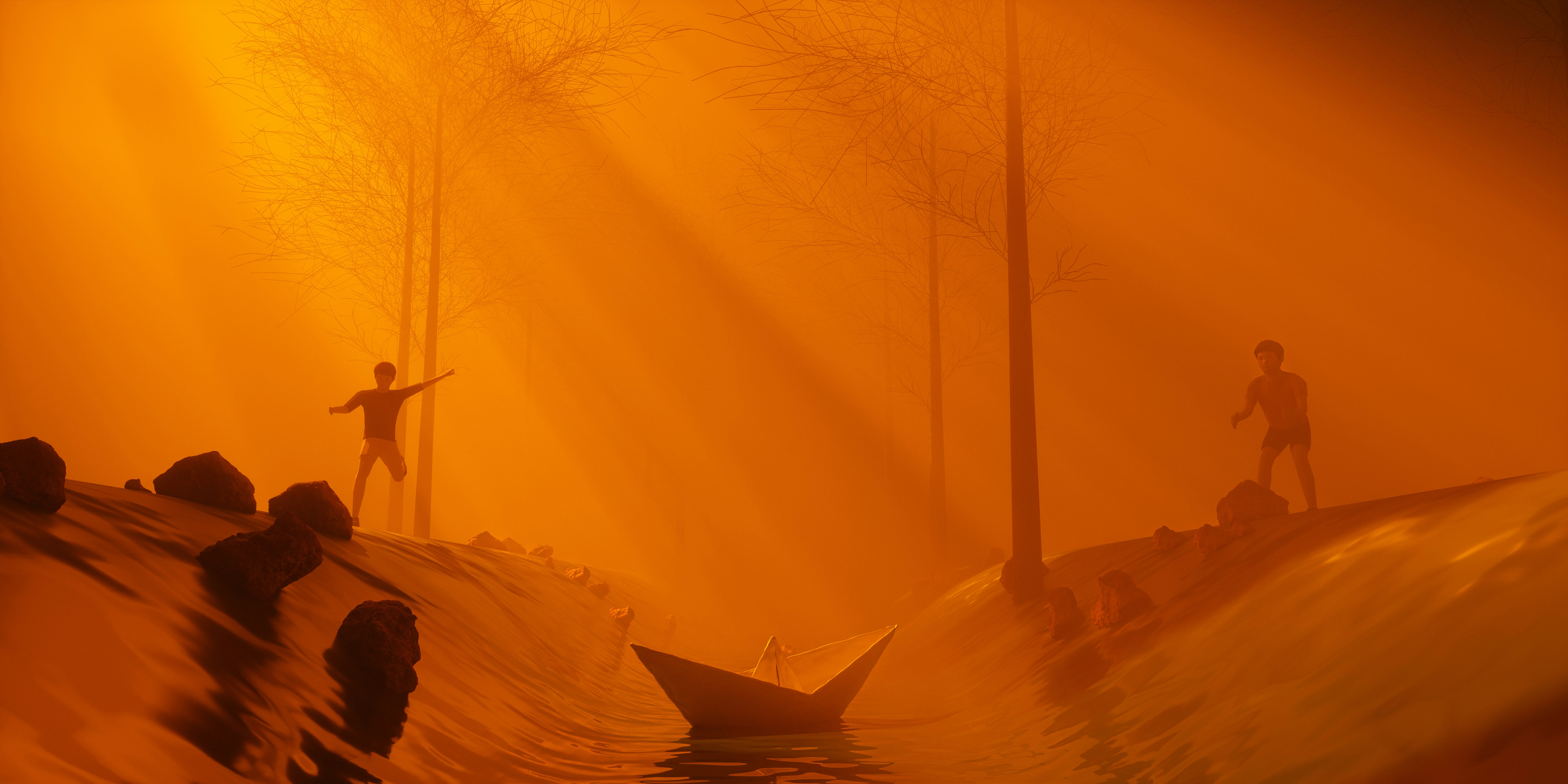 Two figures stand in an eerie, orange-hued environment