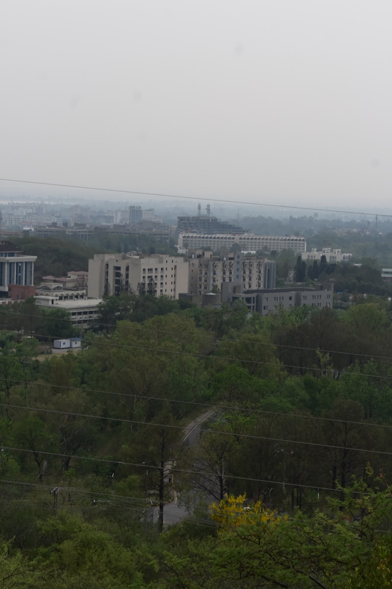 Buildings and trees form a hazy city landscape in Islamabad