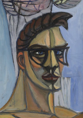 A stylized portrait of a man with glasses