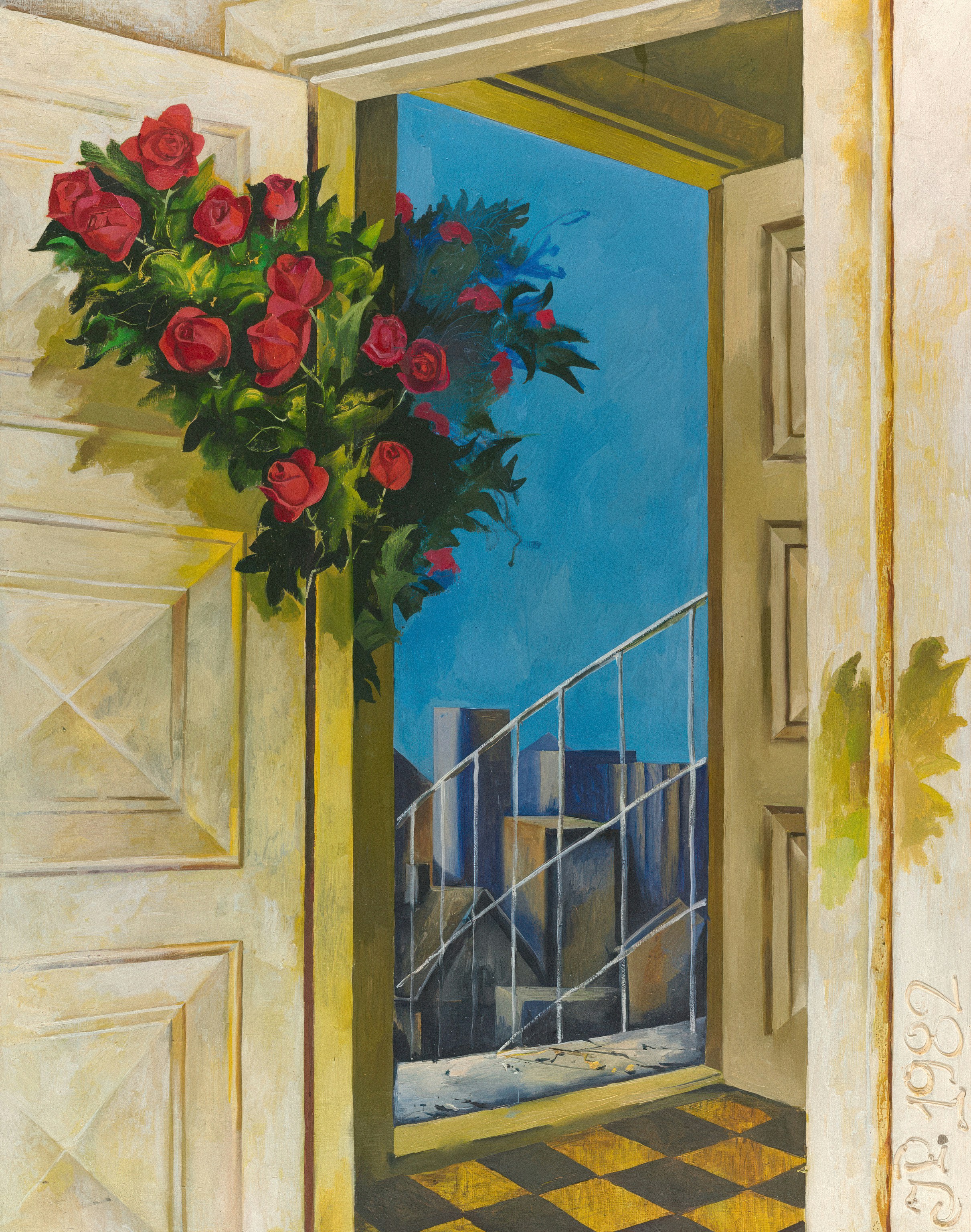 Open doorway with roses and cityscape view