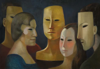 Group of people wearing masks in a dark setting.