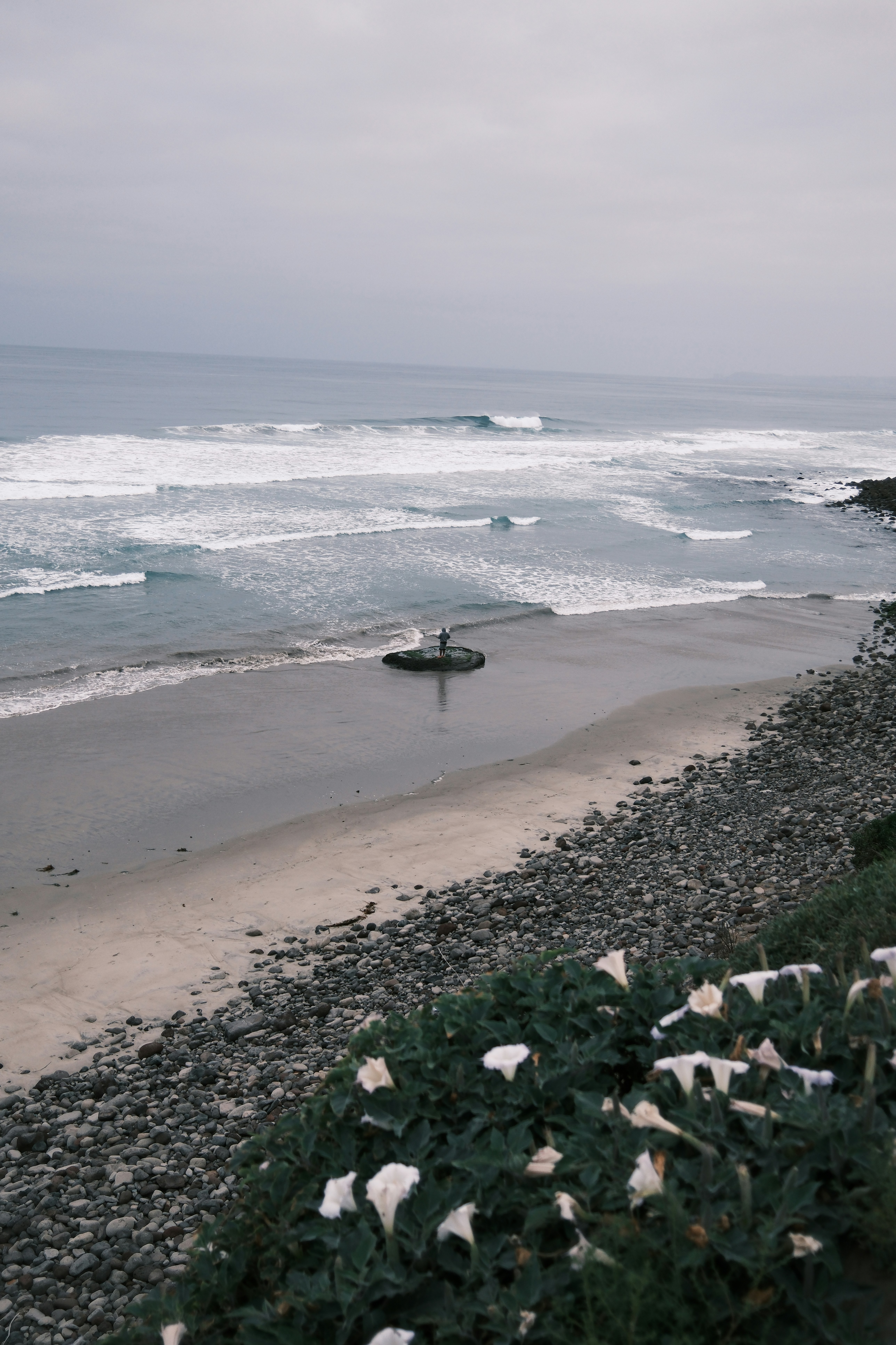 A surfer stands on a platform in the ocean.