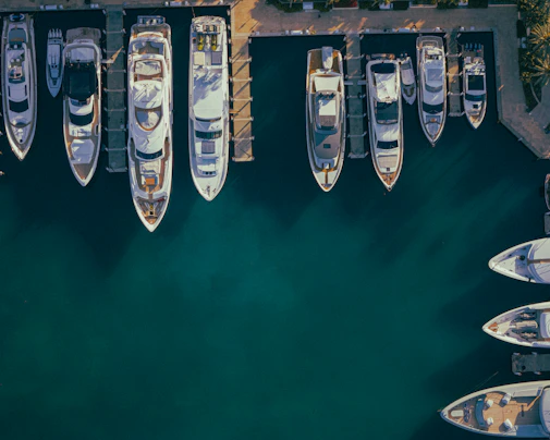 Boats are docked in a harbor's calm waters.