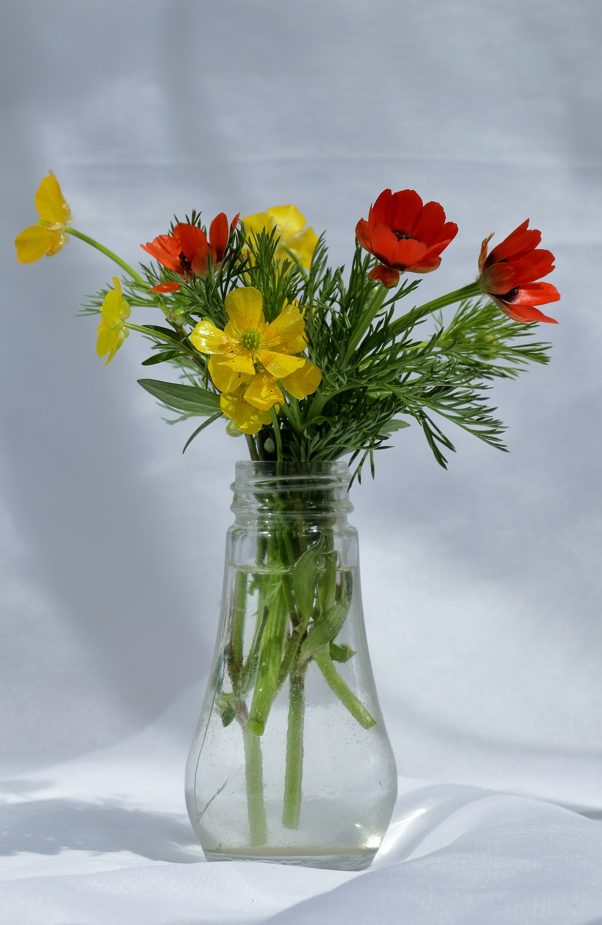 Colorful flowers brighten a clear glass vase.