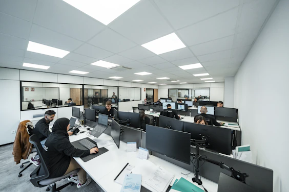 Office workers are busy working on computers.