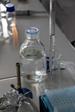 Laboratory glassware is seen in a scientific experiment.