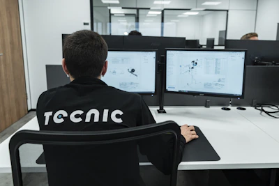 A person works on a computer in an office.