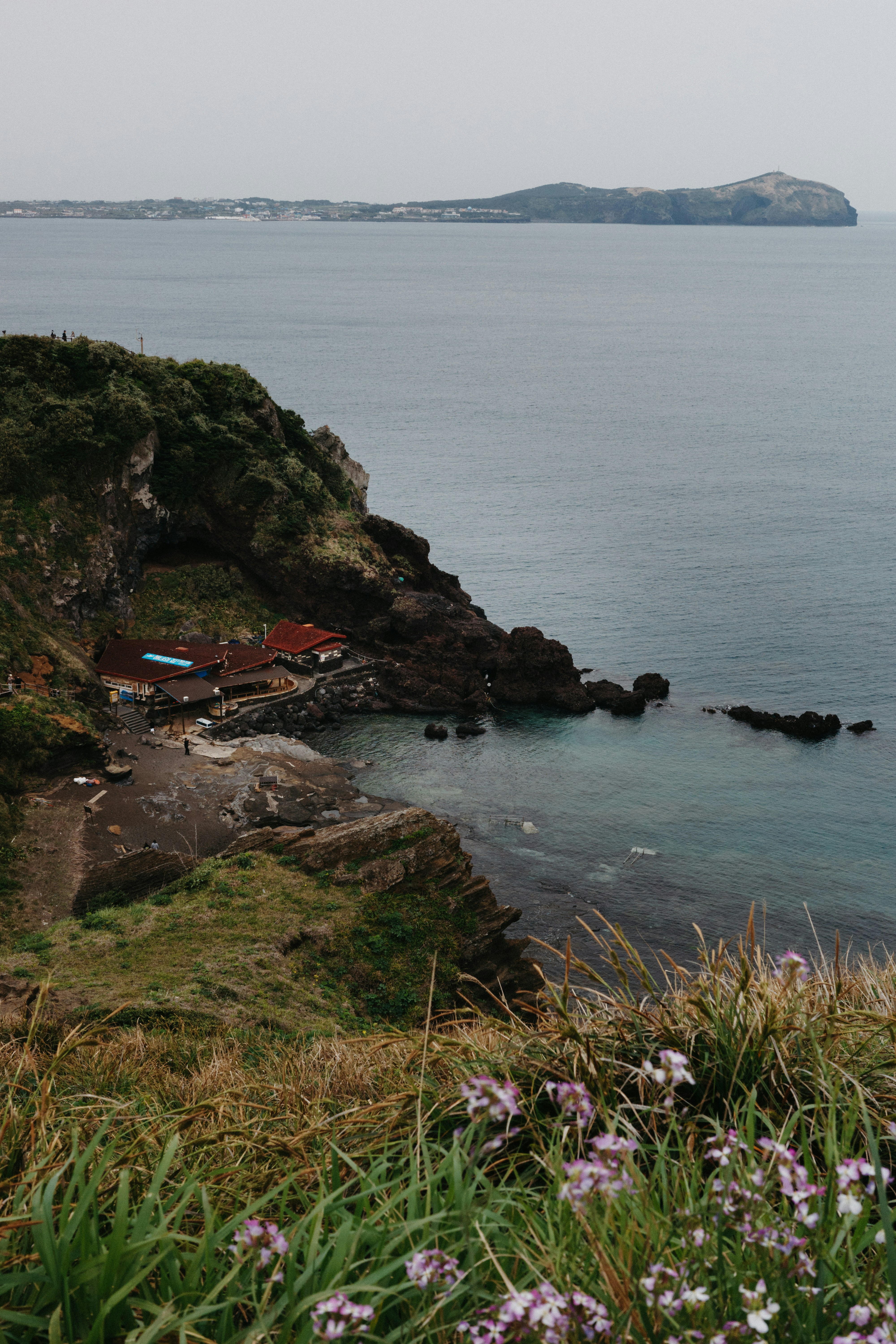 Paesaggio costiero con un'isola in lontananza.