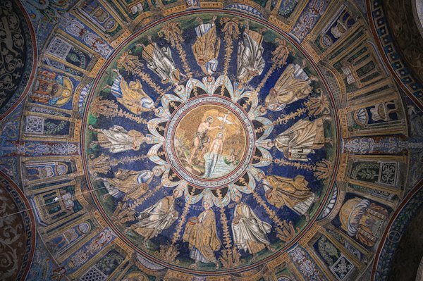 A mosaic dome, depicting figures in a circle — Ravenna, Italy