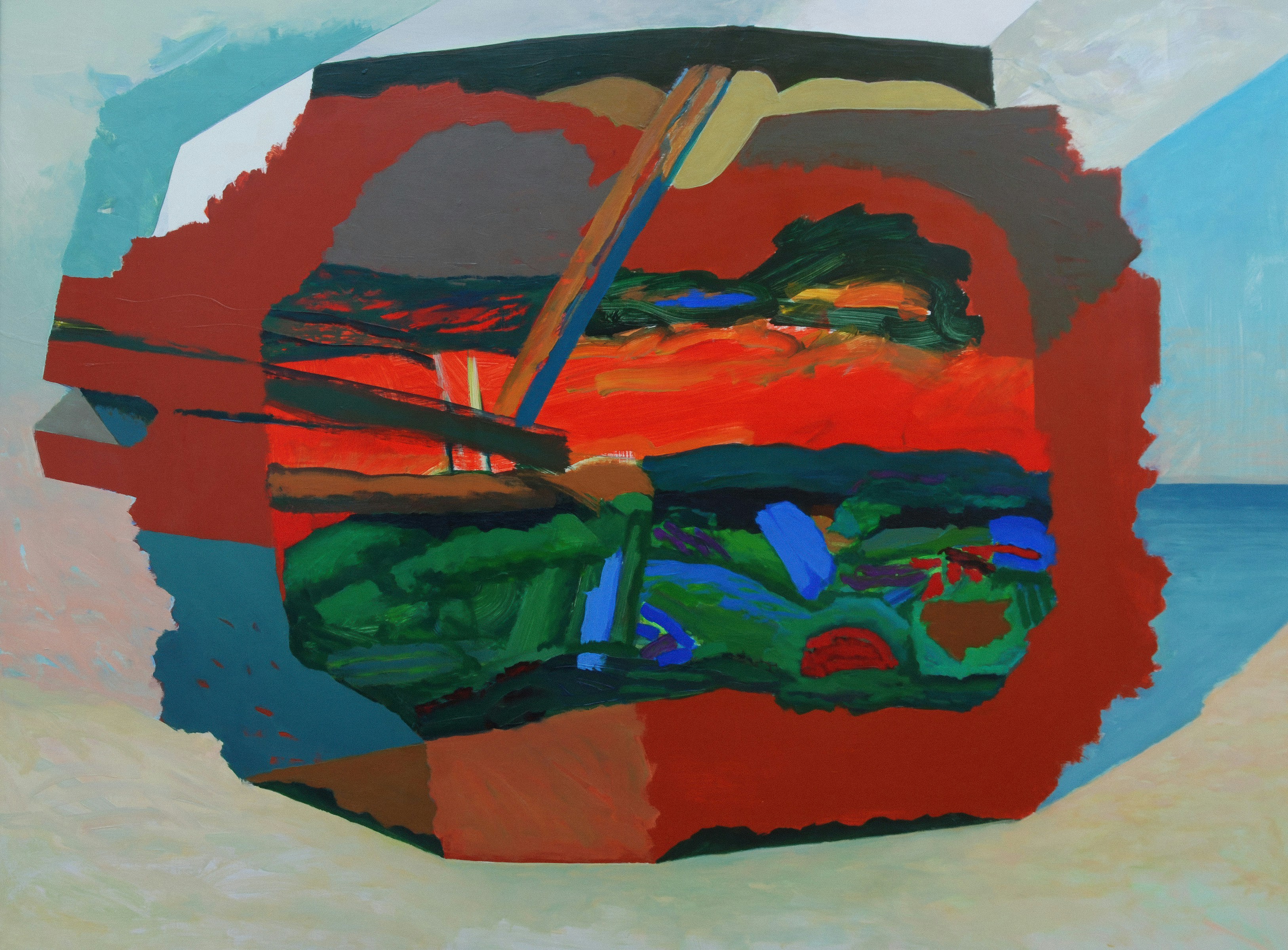 Abstract artwork with layered geometric shapes and landscape elements.