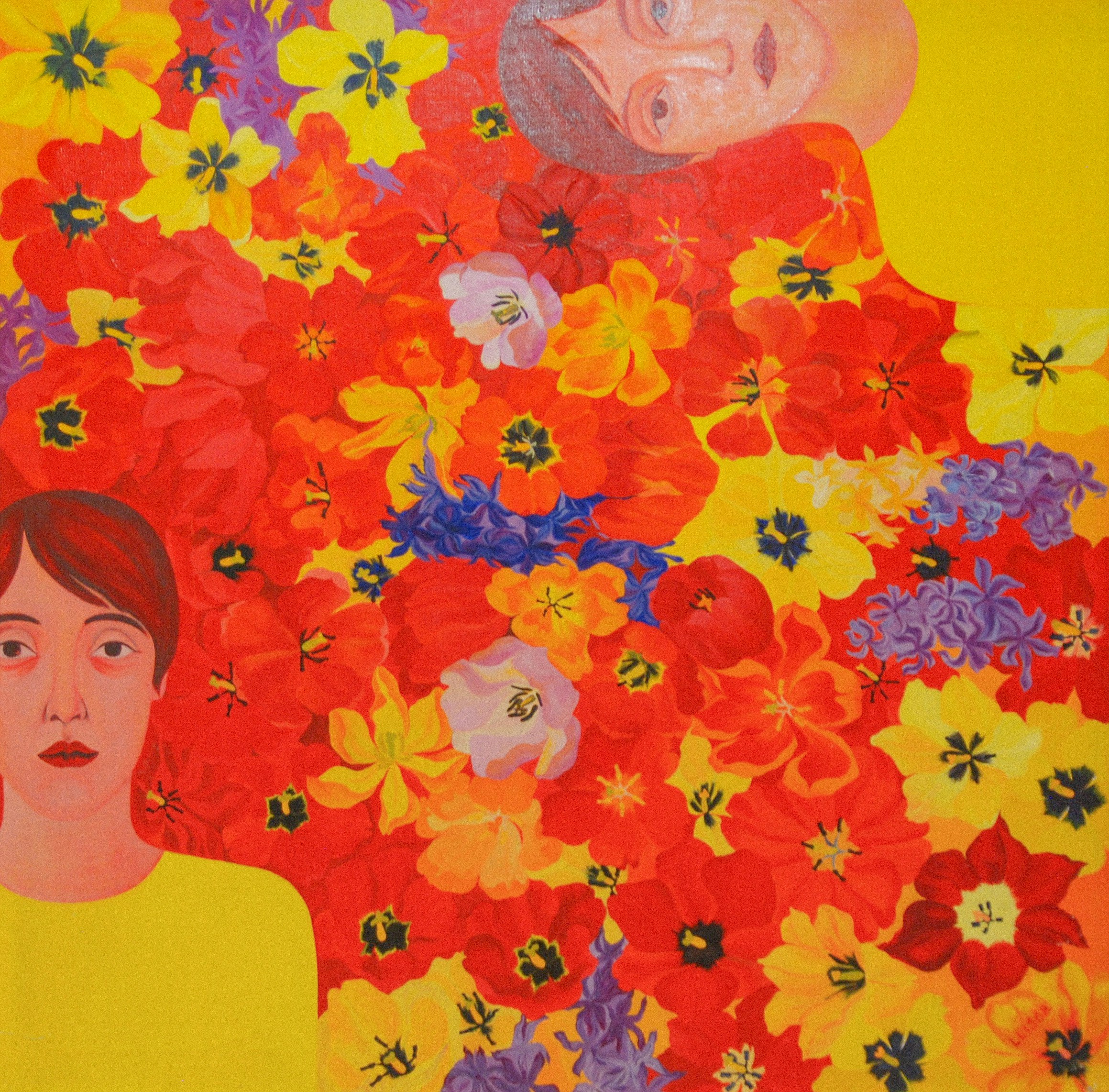 Two portraits surrounded by vibrant red and yellow flowers