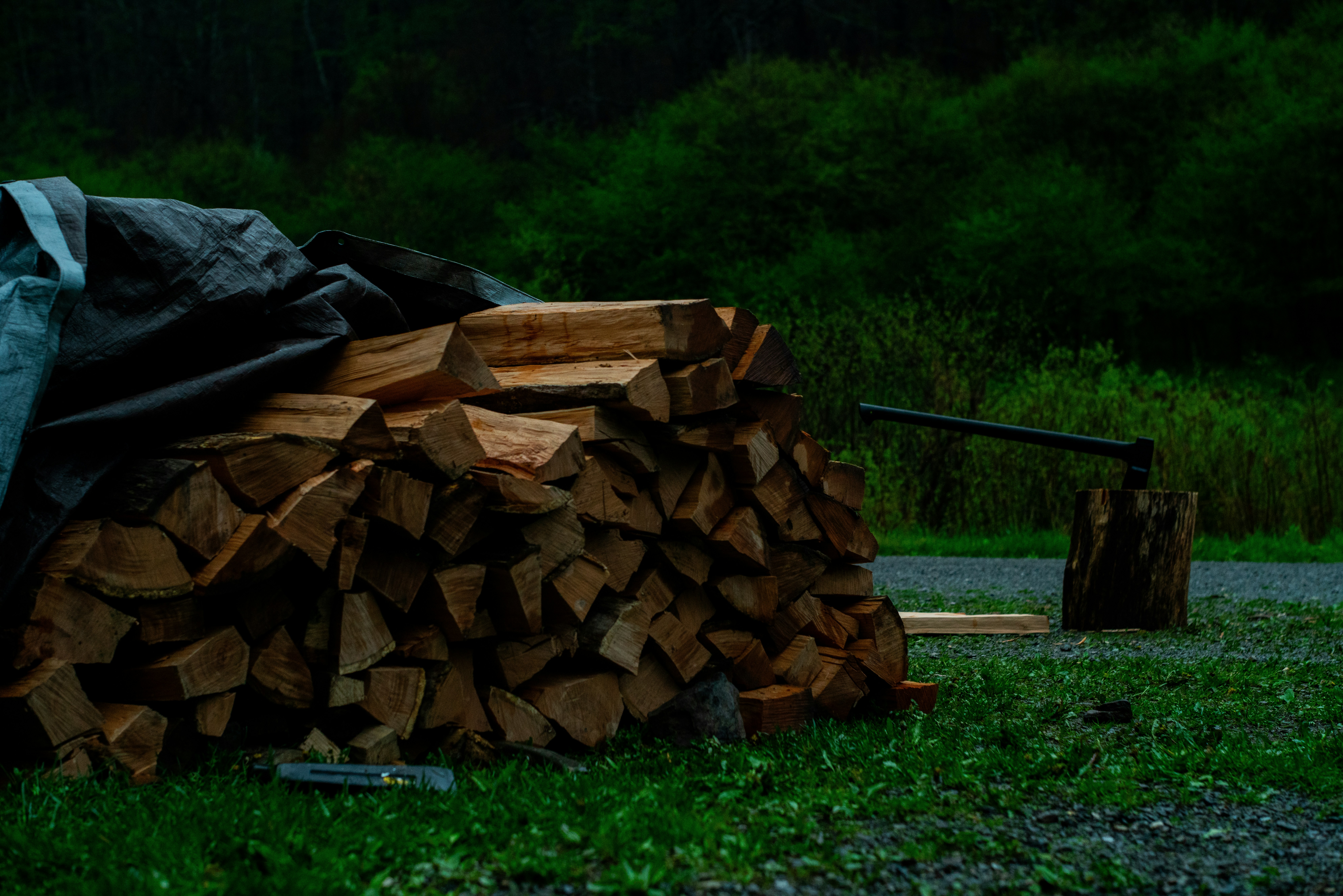 Wood pile covered near chopping block.