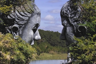 Two stone faces emerge from greenery.