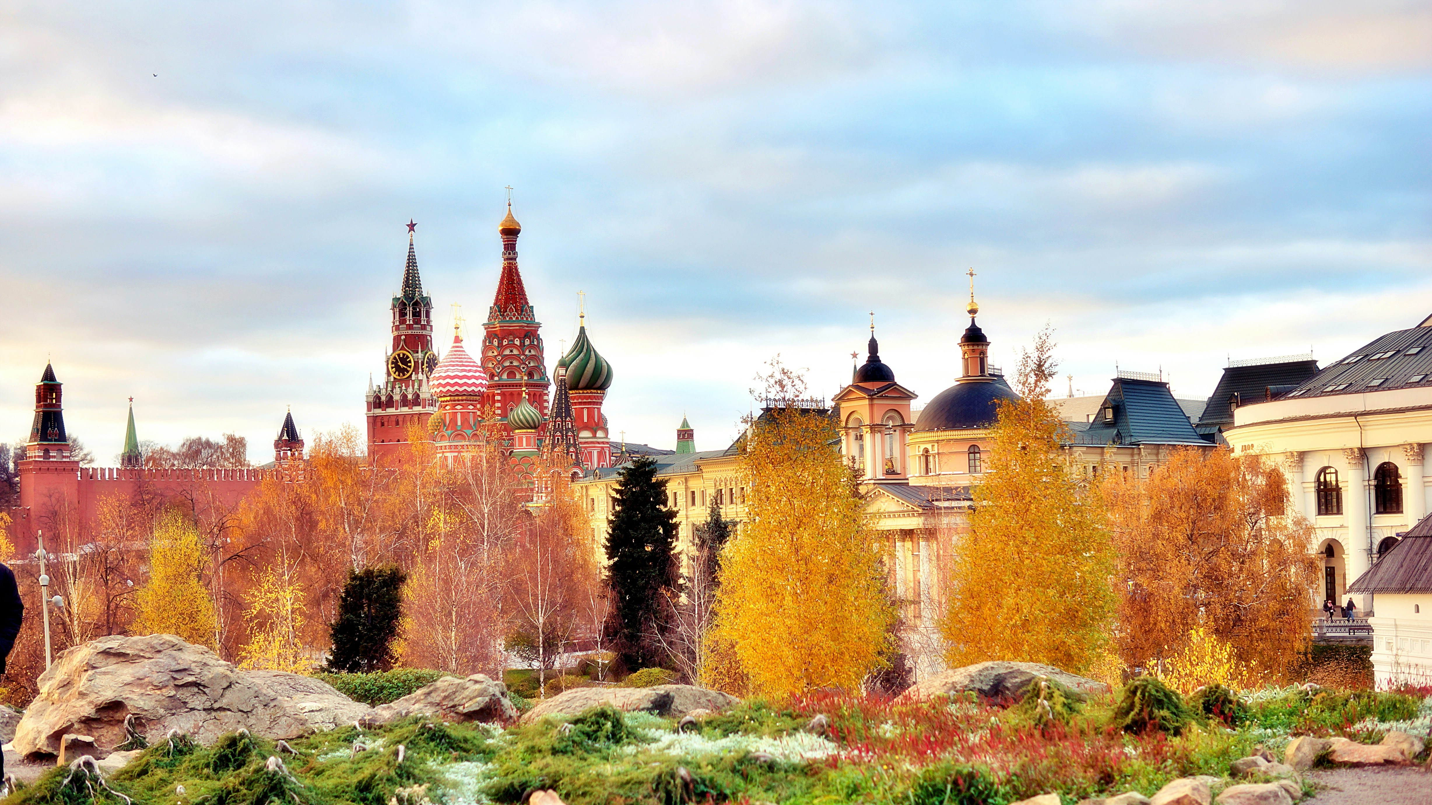 Moscow's red square and colorful autumn trees.