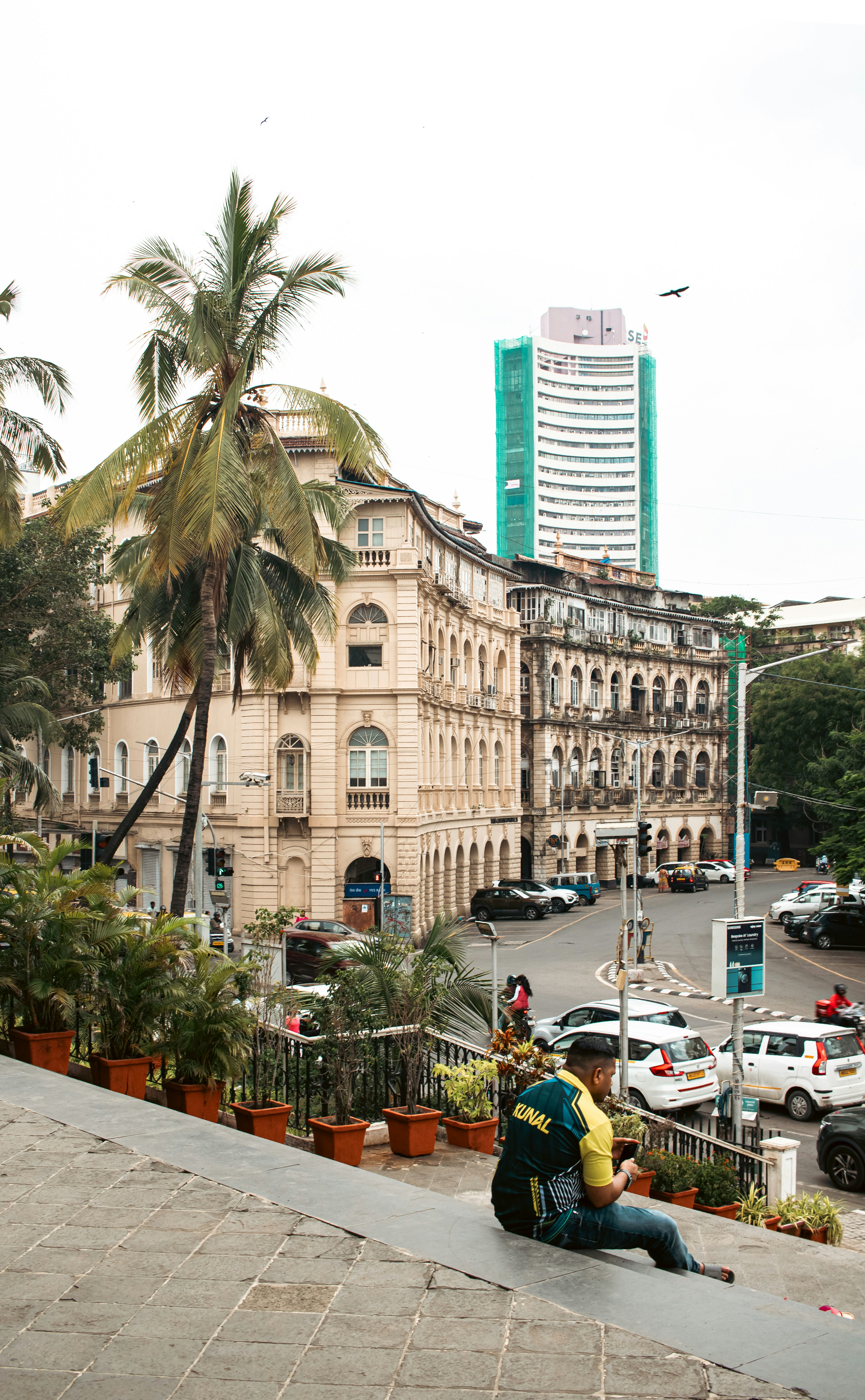 Una persona se sienta frente a edificios y palmeras.