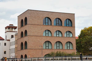 A modern building with arched windows.