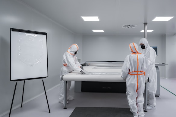 Workers in protective suits work in a cleanroom.