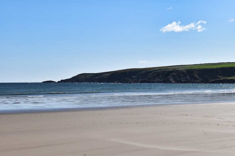 Broad sandy bay with a green headland on the Solway coast at Sandyhills