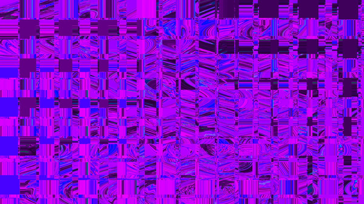 An abstract digital glitch pattern in purple and blue, representing the synthetic video content AI generation tools now produce at scale