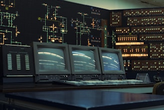 Inside an old-fashioned control room.