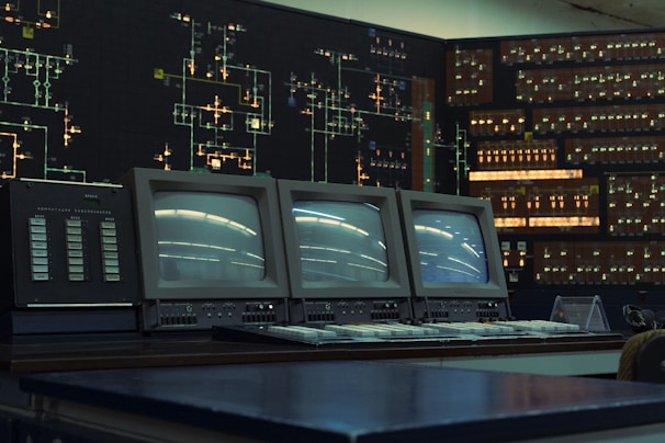 Inside an old-fashioned control room.