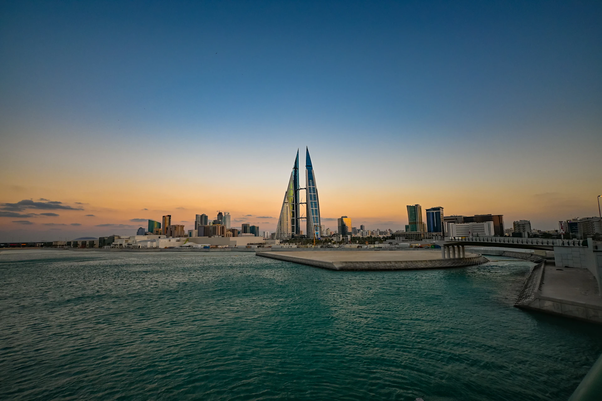 Bahrain city skyline silhouetted at sunset