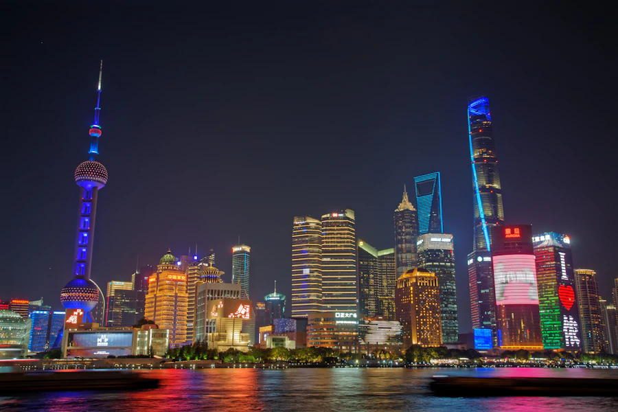 Shanghai's Bund skyline glowing at night