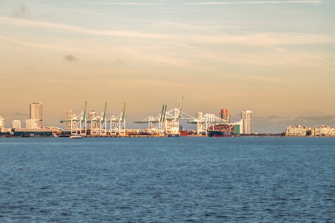 A harbor scene features cargo cranes and city buildings., This image features the iconic container cranes at the Port of Miami, one of the busiest cargo ports in the United States. Located on Dodge Island, the port serves as a major gateway for international trade, particularly with Latin America and the Caribbean. The towering gantry cranes are used for loading and unloading container ships, symbolizing the scale and efficiency of global logistics. Set against the backdrop of Biscayne Bay, the cranes reflect the industrial side of a city known for tourism and finance.