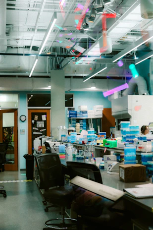 A modern laboratory with research supplies and instruments.