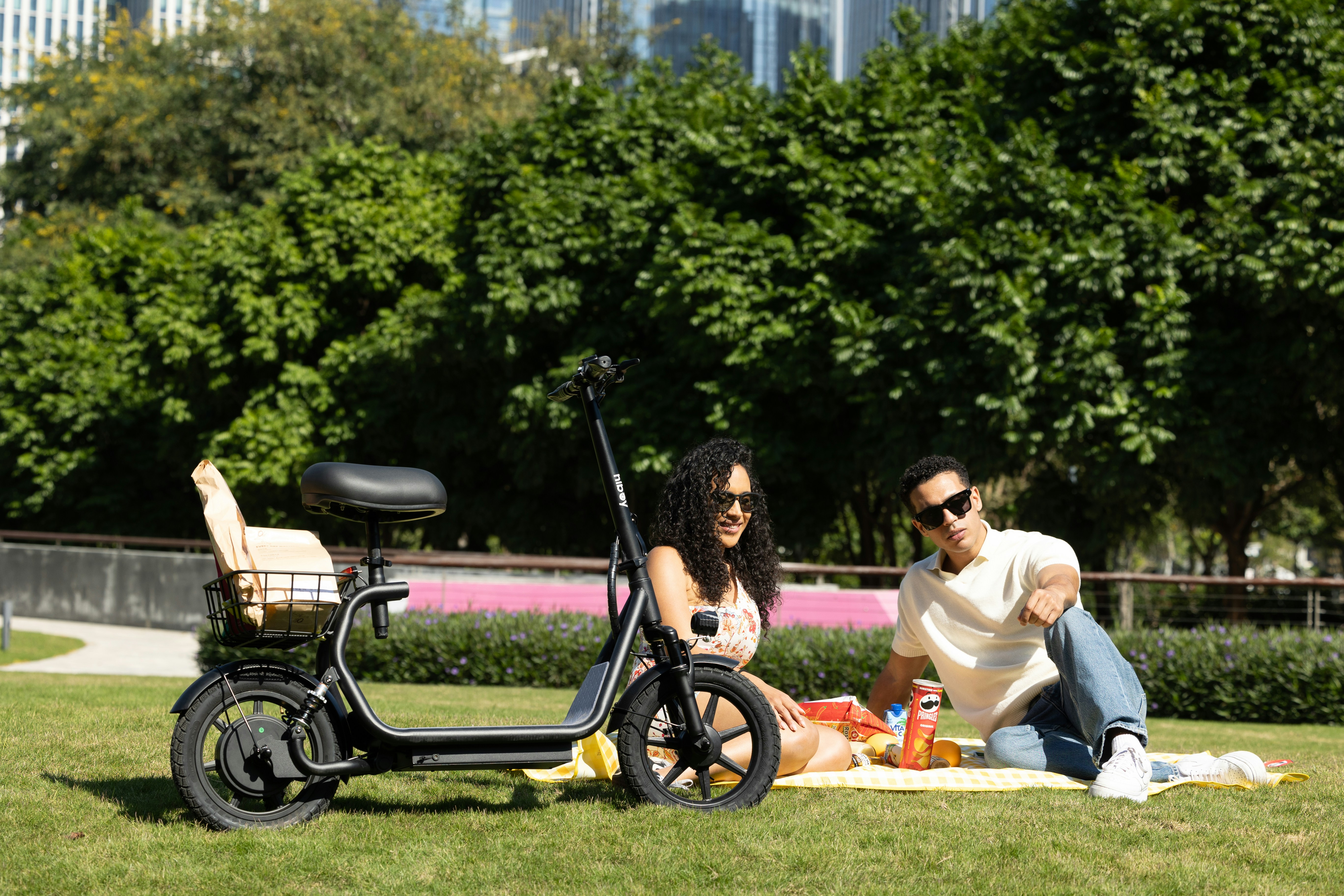 Zwei Personen picknicken mit einem motorisierten Roller