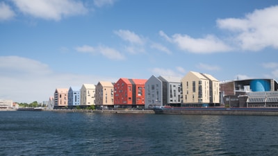 Colorful buildings stand beside a body of water.