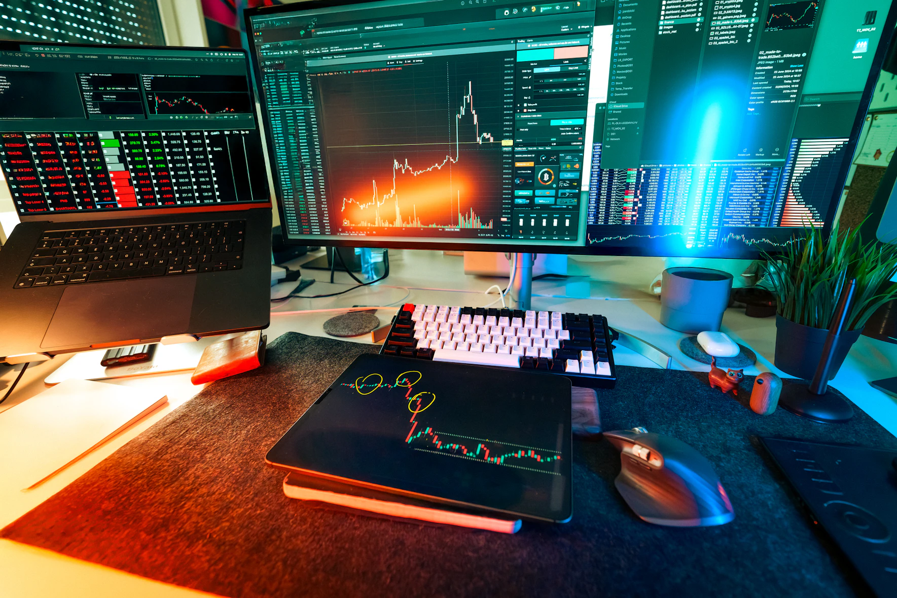 Trading desk with monitors and crypto market charts