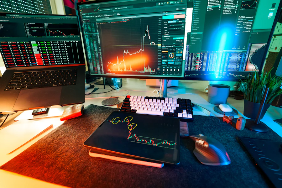 Trading desk lit with monthly Bitcoin charts, professional workspace, warm lighting on trend displays, 2026 monthly view