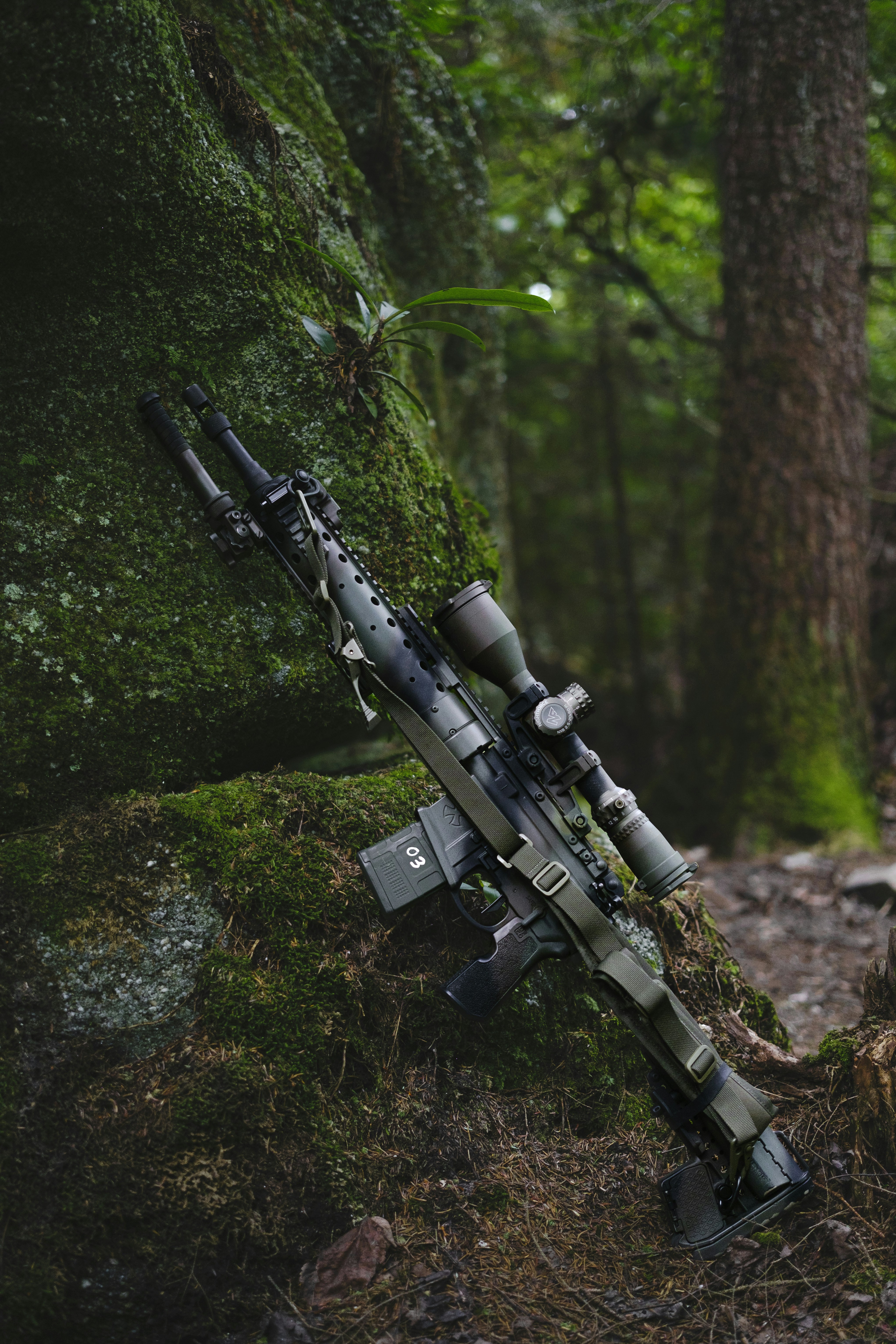 A rifle rests against a mossy forest rock.