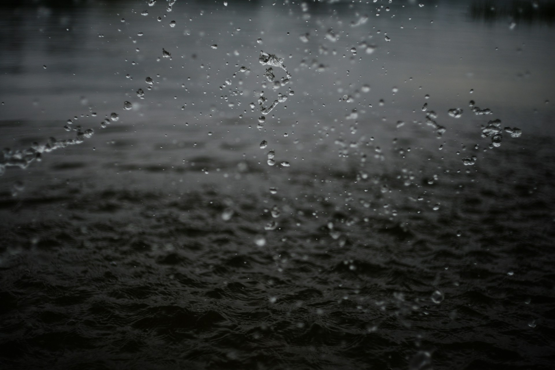 Water droplets are splashing against the dark surface.