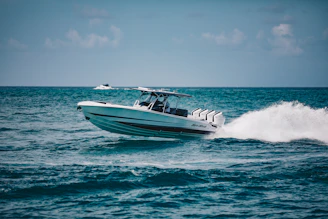 A speedboat races across the sparkling ocean.