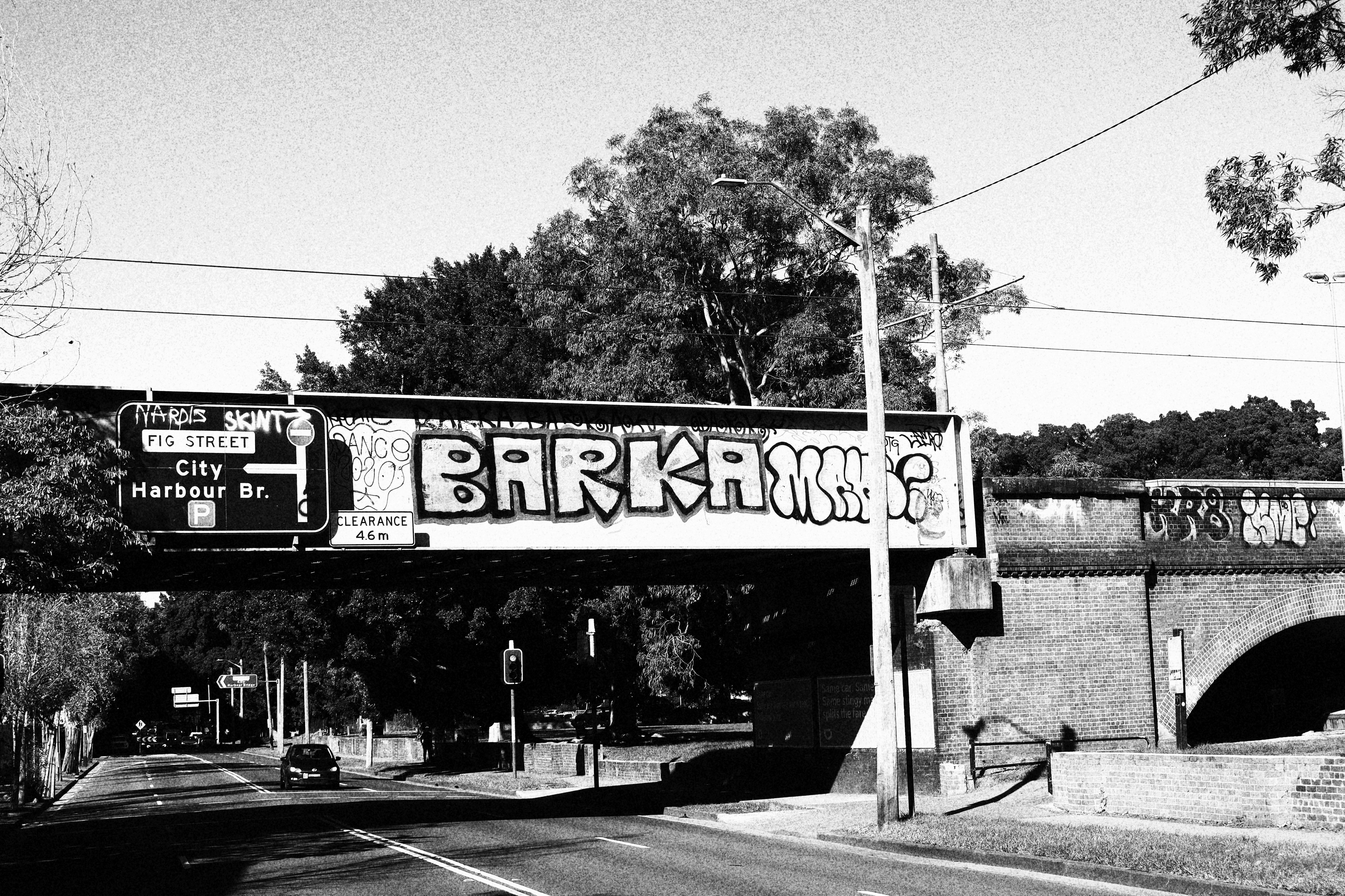 Graffiti art adorns a bridge over a road.